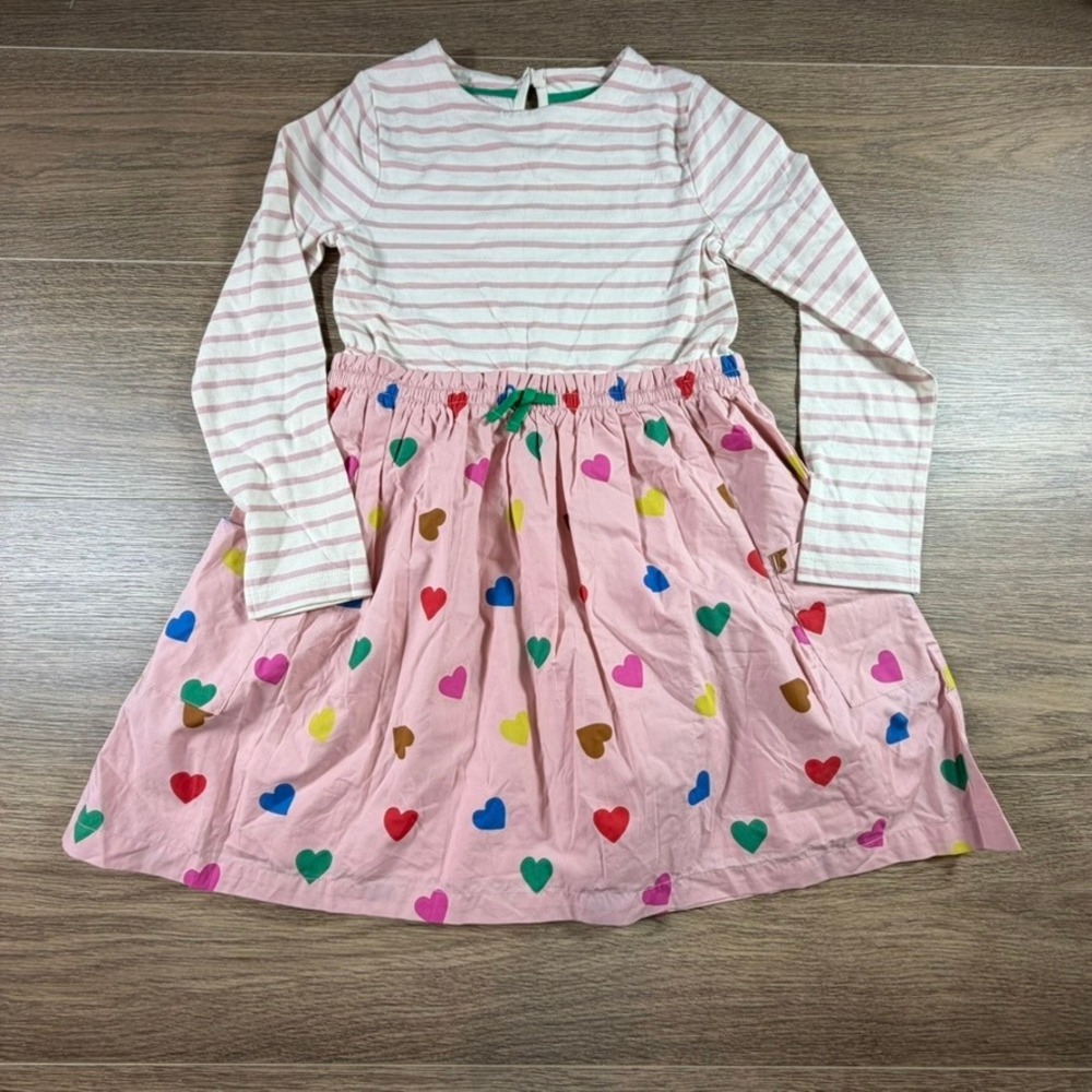 Mini Boden Girls Pink Striped Heart Print Long Sleeve Mixed Media Dress 7/8